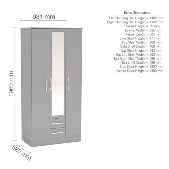 Lynn Grey 3 Door Mirrored Wardrobe dimensions diagram: 1960mm H x 931mm W x 520mm D