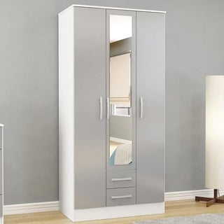 ChoiceWardrobe Lynn 3 Door Grey & White High Gloss Mirrored Wardrobe with drawers, displayed in a luxury modern bedroom.