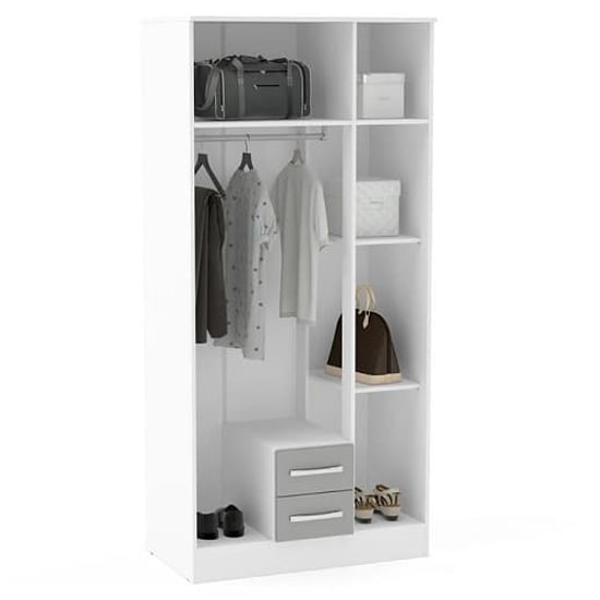 Grey & White High Gloss 3 Door Mirrored Wardrobe interior with hanging rail, shelves, and drawers