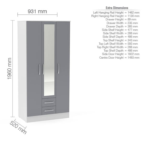 Technical diagram of Lynn 3-door grey & white gloss wardrobe showing dimensions 931mm width and 1960mm height.