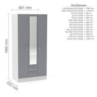 Technical diagram showing full dimensions of the Lynn 3 Door Grey & White High Gloss Mirrored Wardrobe with drawers and hanging rail.