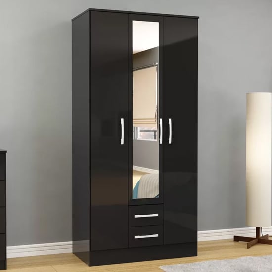 Black three-door wardrobe with mirrored central door and two drawers, high gloss finish