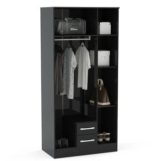 Interior of Lynn Black High Gloss Wardrobe showing shelves, hanging rail, and lower drawers for versatile bedroom storage.