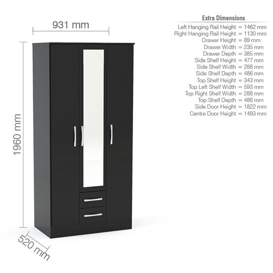 Lynn 3-door black gloss wardrobe with mirrored centre panel and 2 drawers, showing dimensions.