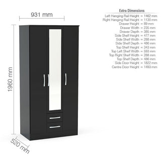 Dimension chart of Lynn 3 Door Mirrored Wardrobe in Black High Gloss finish, with drawers and mirror panel.