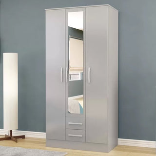 CHOICEWARDROBE Lynn 3 Door Grey High Gloss Mirrored Wardrobe – front view with drawers