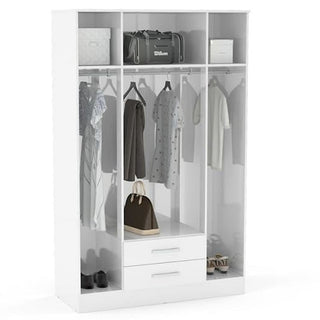 The CHOICEWARDROBE Lynn 4 Door Mirrored Wardrobe in White High Gloss (132cm) offers modern storage with open shelves, two drawers, and a hanging rail for clothes, handbags, shoes, and more—organized across three spacious sections.