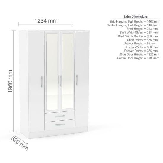 White gloss 4-door mirrored wardrobe diagram with dimensions H1960mm x W1320mm x D520mm, showing drawers.