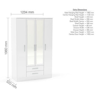 The CHOICEWARDROBE Lynn is a white high gloss 4-door mirrored wardrobe (132cm wide) with hanging rail and drawers, offering modern storage. Dimensions: H1960mm x W1320mm x D520mm. Additional specs available to the right.