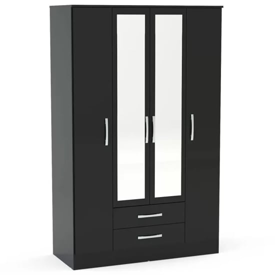 CHOICEWARDROBE Lynn 4 door black high gloss wardrobe with mirrored doors and 2 drawers