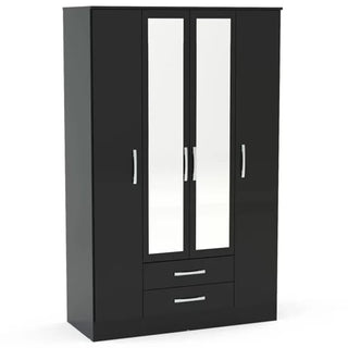 The CHOICEWARDROBE Lynn 4 Door Mirrored Wardrobe in black high gloss features two mirrored doors, two bottom drawers, sleek silver handles, and offers spacious modern bedroom storage.