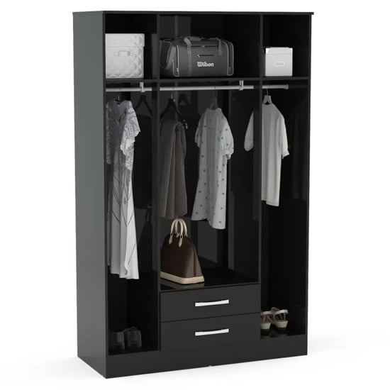 Black high gloss wardrobe with four doors and two drawers, open to reveal hanging space and shelves.