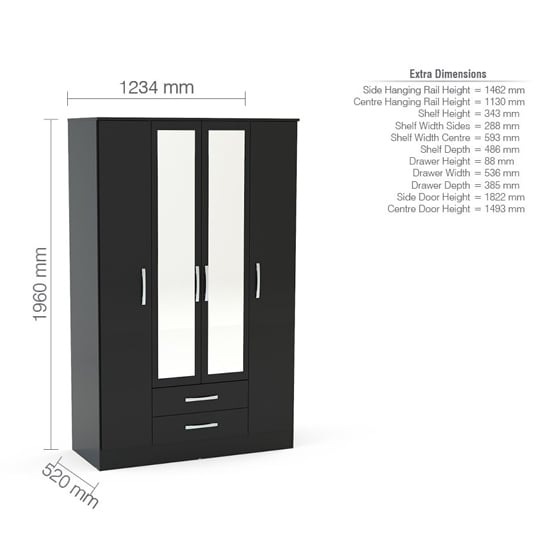Black high gloss 4 door mirrored wardrobe with 2 drawers, 1960mm H x 1234mm W x 520mm D