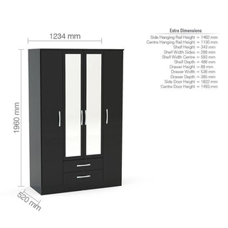 The CHOICEWARDROBE Lynn 4 Door Mirrored Wardrobe in black high gloss offers spacious modern bedroom storage with two drawers, mirrored doors, and dimensions of 1960mm (H) x 1234mm (W) x 520mm (D). Internal measurements listed on the right.