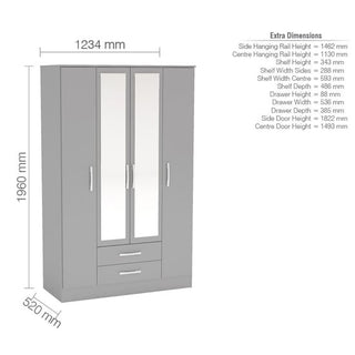 Dimensions diagram for ChoiceWardrobe Lynn 4 door mirrored wardrobe