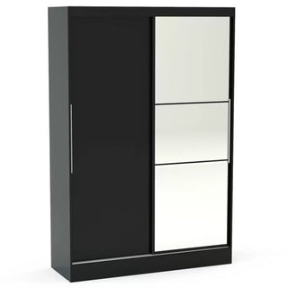Front view of ChoiceWardrobe Lynn black gloss mirrored wardrobe showing elegant reflective finish and smooth sliding doors.