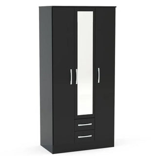 Lynn 3 Door Black High Gloss Mirrored Wardrobe with 2 lower drawers and chrome handles – sleek, elegant finish.