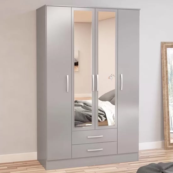 CHOICEWARDROBE Lynn 4 door grey high gloss wardrobe with 2 drawers and mirrored panels