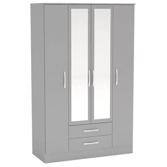 CHOICEWARDROBE Lynn 4 door grey high gloss wardrobe with 2 drawers and dual mirrors