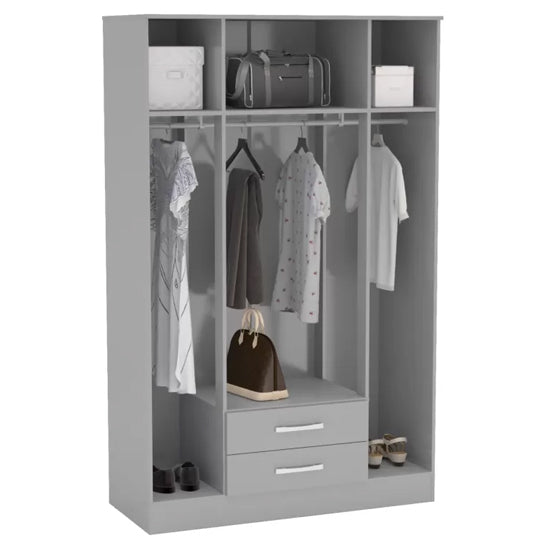 CHOICEWARDROBE Lynn 4 door grey high gloss wardrobe with mirrored panels and drawers interior view