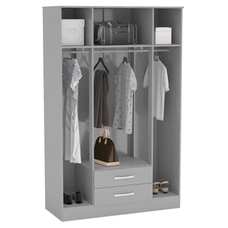 Open view of Lynn grey wardrobe showing hanging rail and storage drawers