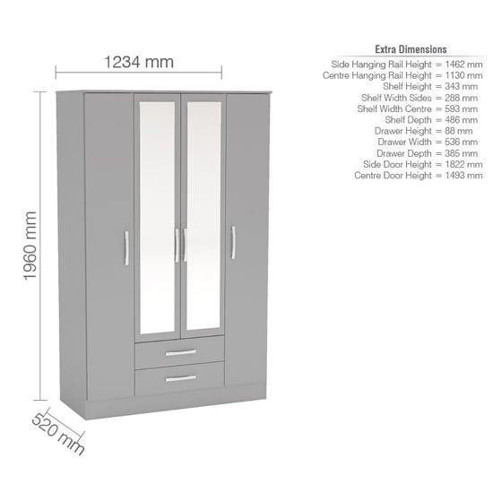 Dimensions diagram for ChoiceWardrobe Lynn 4 door grey mirrored wardrobe