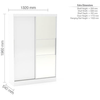 Dimensions diagram of Lynn 132cm White Sliding Door Mirrored Wardrobe showing compact width and internal shelving layout.
