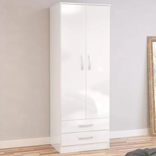 ChoiceWardrobe Lynn 2 Door White High Gloss Wardrobe with drawers, styled in a modern bedroom interior.