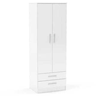 Lynn 2 Door White High Gloss Wardrobe with 2 lower drawers – sleek, reflective finish and modern design.