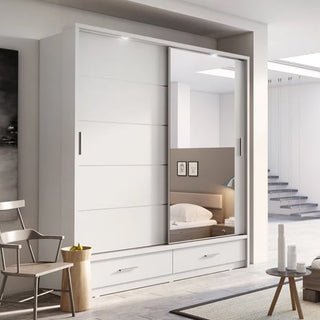 The CHOICEWARDROBE Lyra 2 Door Sliding Wardrobe with Drawers features a modern matte white finish, LED accents, mirrored door, and two bottom drawers, ideal for bright bedrooms with contemporary décor.