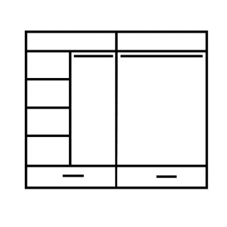 A black and white line drawing of the CHOICEWARDROBE Lyra 2 Door Sliding Wardrobe in matte white, featuring two large hanging sections, five shelves on the left, and two bottom drawers for modern bedroom storage.