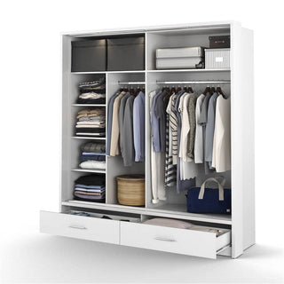 The CHOICEWARDROBE Lyra 2 Door Sliding Wardrobe in Matte White offers modern bedroom storage with shelves, hanging rods, and open drawers, keeping clothes, boxes, baskets, and bags neatly organized.