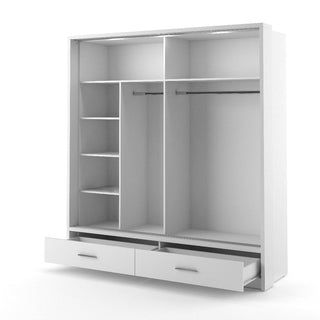 The CHOICEWARDROBE Lyra 2 Door Sliding Wardrobe in matte white features two open hanging sections, five shelves on the left, and two wide bottom drawers—both partially open—for modern bedroom storage.