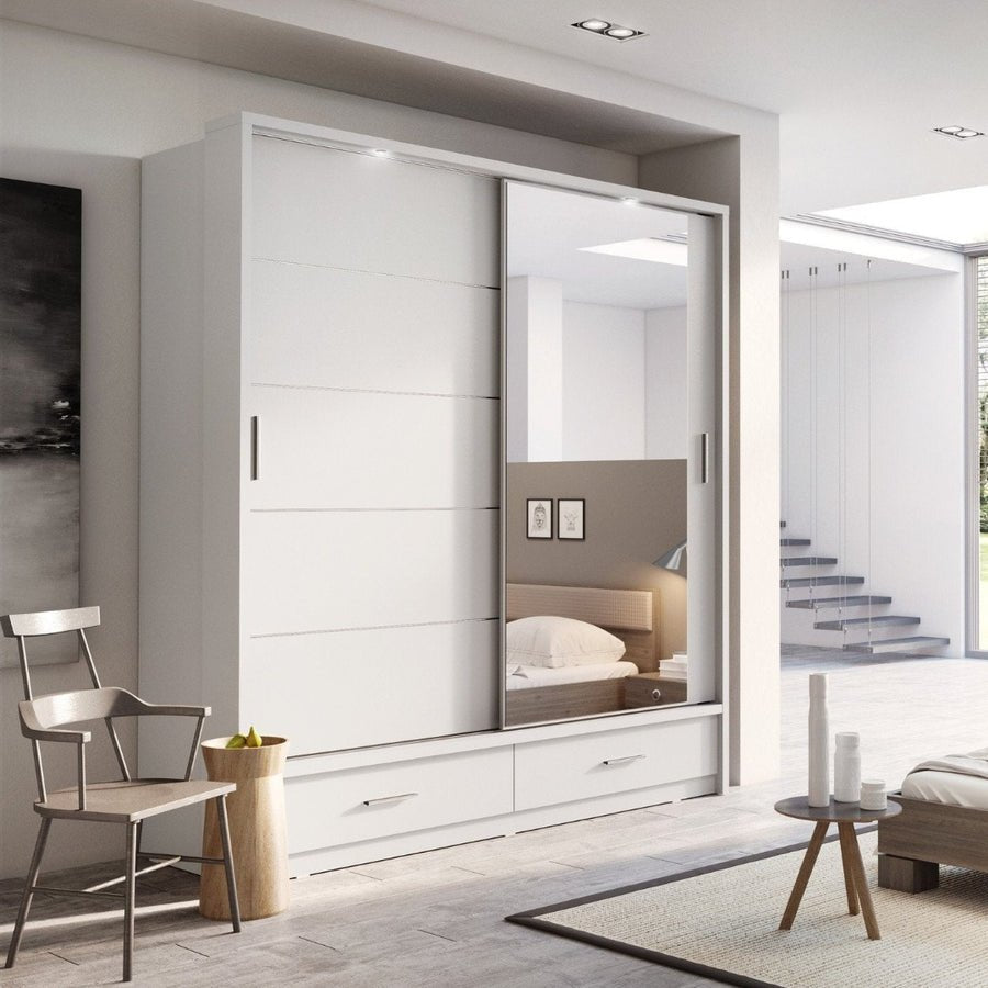 White matte 2-door sliding wardrobe with a mirrored door and two bottom drawers.