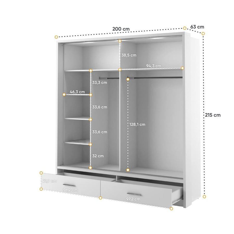 White matte 2-door sliding wardrobe with mirrored door and visible drawers