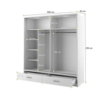 The CHOICEWARDROBE Lyra 2 Door Sliding Wardrobe in matte white measures 200x63x215 cm and features shelves, two hanging sections, and two bottom drawers. Interior dimensions are provided in centimeters for detailed storage planning.