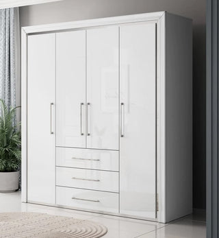 The CHOICEWARDROBE Lyria 4 Door High Gloss Wardrobe with Drawers, featuring a sleek white finish and modern hinged doors, stands against a gray wall near a window and a potted plant on a tiled floor.