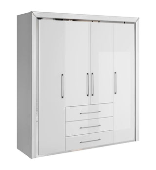 The CHOICEWARDROBE Lyria is a modern rectangular wardrobe in sleek glossy white, featuring four hinged doors and three central drawers with silver handles for stylish bedroom storage.