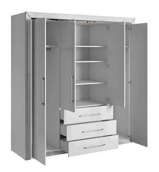 The CHOICEWARDROBE Lyria 4 Door High Gloss Wardrobe features modern hinged doors, multiple shelves, three drawers, a hanging rod, sleek white finish, and silver handles for minimalist bedroom storage.