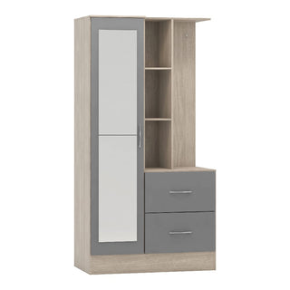The CHOICEWARDROBE Mack 1 Door Mirrored Wardrobe features a gray door, three open shelves, and two gray drawers on the right. Its compact design blends grey and oak finishes for modern entryway storage.