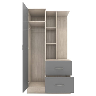 The CHOICEWARDROBE Mack 1 Door Mirrored Wardrobe with Drawers & Open Shelves in Grey & Oak Finish offers compact bedroom storage with a gray door, mirrored front, two gray drawers, open shelves, and a hanging rod for entryway or bedroom use.