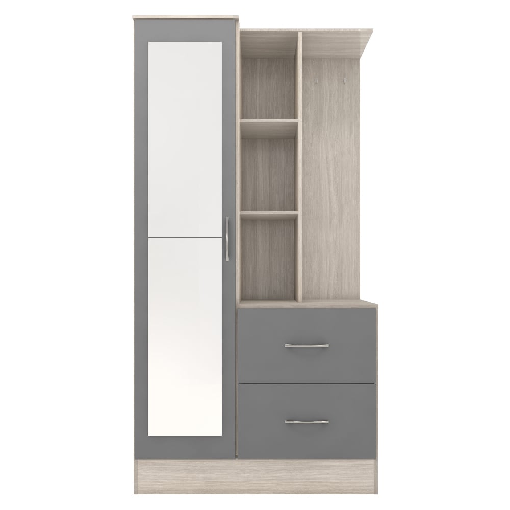 CHOICEWARDROBE Mack 1 door mirrored wardrobe with grey gloss and oak effect finish, featuring open shelving and two drawers.