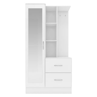 The CHOICEWARDROBE Mack 1 Door Mirrored Wardrobe with Drawers & Open Shelves in White Finish offers stylish, space-saving hallway or bedroom storage with a mirrored door, three open shelves, two drawers, and hooks for added convenience.