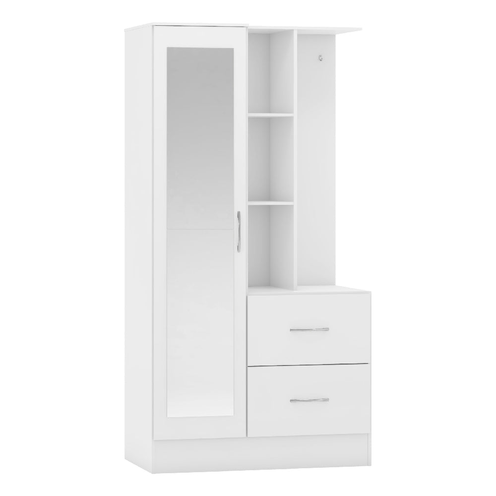 White 1-door mirrored wardrobe with 2 drawers and open shelves