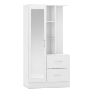 The CHOICEWARDROBE Mack 1 Door Mirrored Wardrobe in white finish features a full-length mirror, two open shelves, one open cubby, and two drawers with metal handles, combining modern design with space-saving hallway or bedroom storage.