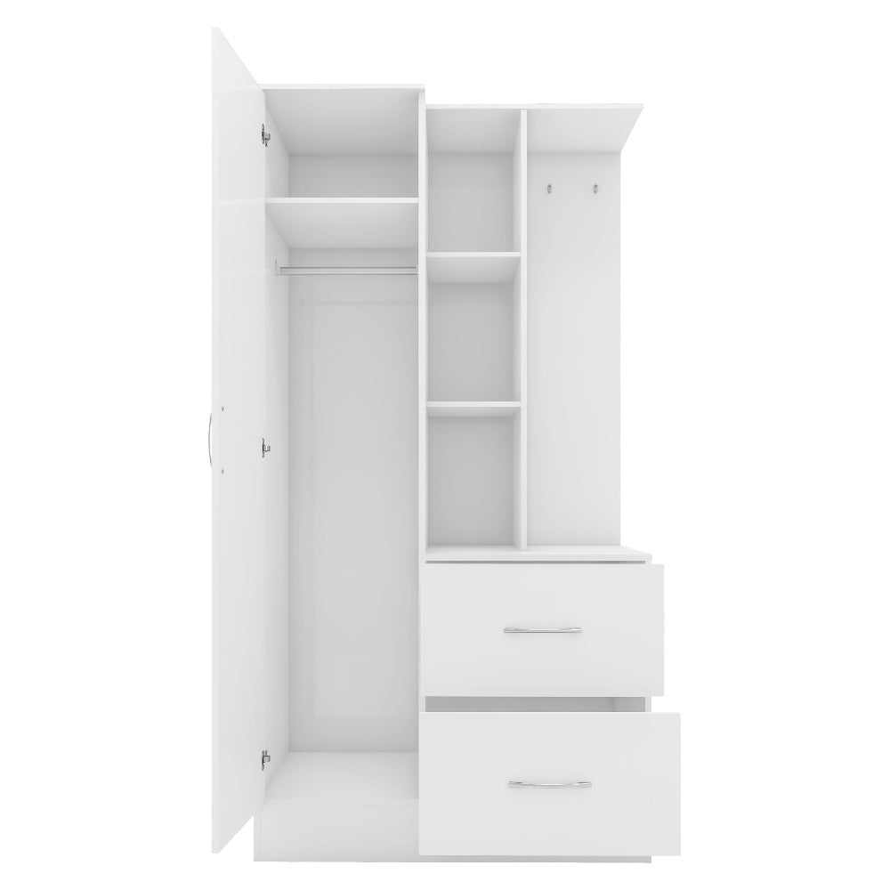 White CHOICEWARDROBE Mack 1 door wardrobe open showing shelves, rail, and two drawers