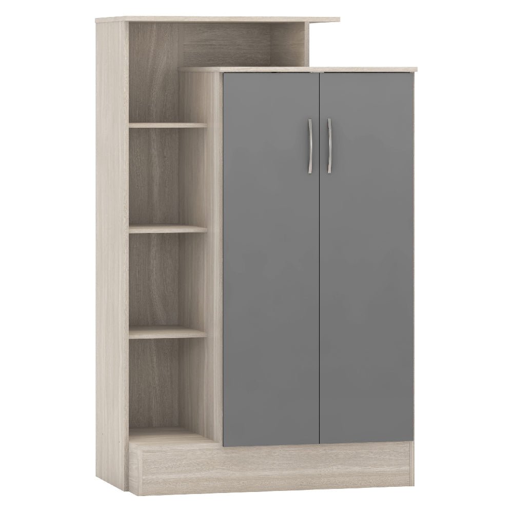 CHOICEWARDROBE Mack 100cm grey gloss two-door wardrobe with oak effect side shelves and silver handles.