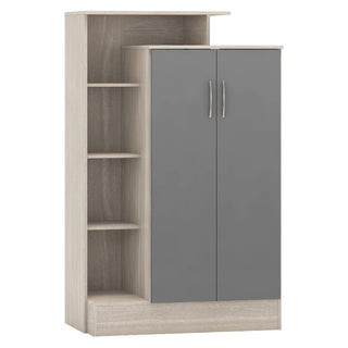 The CHOICEWARDROBE Mack 100cm Grey & Oak Wooden 2 Door Wardrobe offers modern storage with grey matte doors, silver handles, a hanging rail, and three side shelves for easy organization in your bedroom.