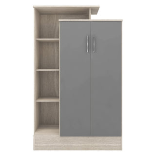 The CHOICEWARDROBE Mack 100cm Grey & Oak Wardrobe features a modern design with three open side shelves, a two-door compartment with silver handles, hanging rail, light oak finish, and grey gloss doors—perfect bedroom storage.