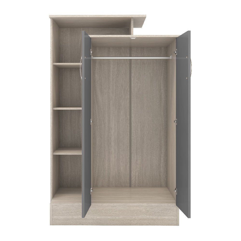 CHOICEWARDROBE Mack 2-door wardrobe with grey gloss doors, oak effect frame, hanging rail and side shelves.